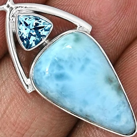 Genuine Larimar and faceted blue topaz sterling silver pendant - Picture 2 of 2